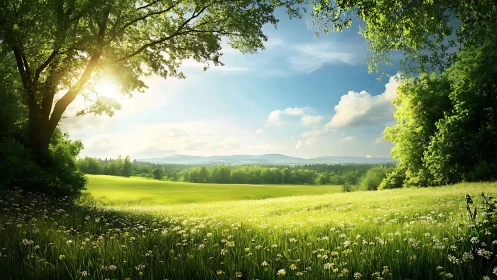 Sunlit wildflower meadow frames distant blue hills.