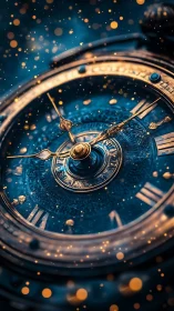 Close view shows ornate clock face with floating light bokeh