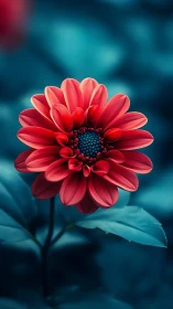 Scarlet Dahlia Against Ethereal Blue Backdrop.