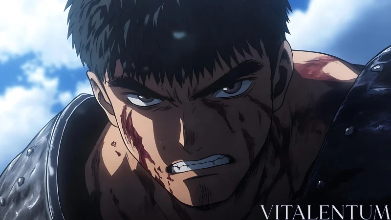 Battle worn anime warrior with bloodied determined face.