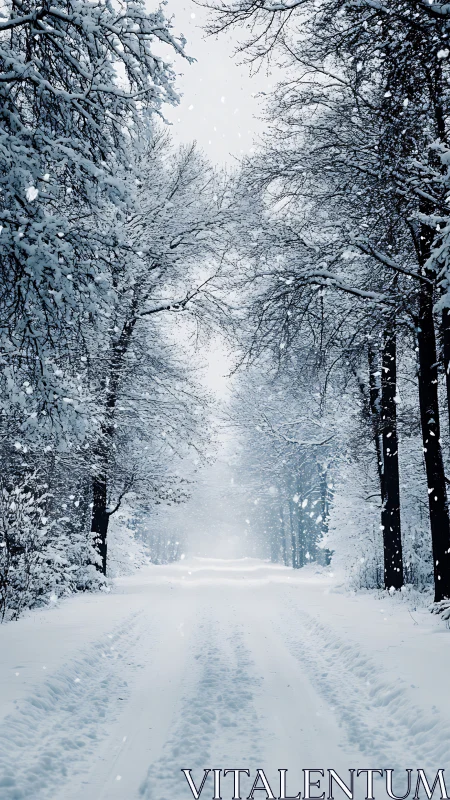 Photorealistic winter forest road with converging canopy framing.