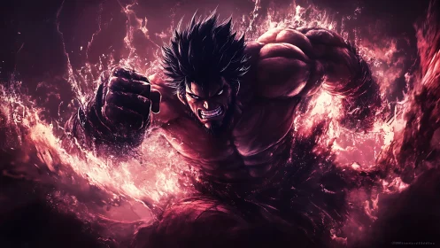 Furious muscular warrior erupts through roaring crimson energy