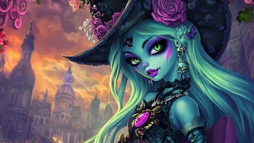 Blue-skinned witch figure in ornate gothic cityscape at dusk.