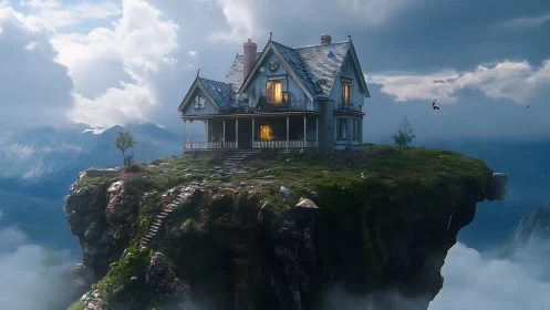 Victorian cliffside dwelling on levitating lithic plateau.
