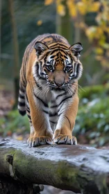 Young tiger poised on mossy log in soft forest light.