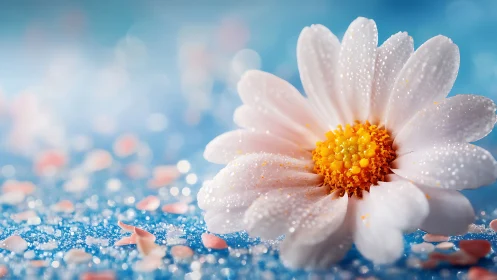 Macro photograph of white daisy with moisture droplets on blue gradient surface