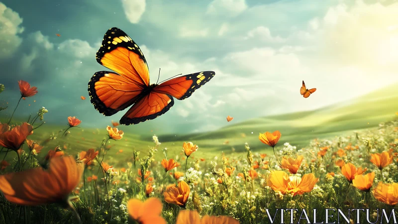 Monarch daydream drifting over sunlit wildflower seas.