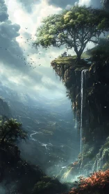 Epic cliffside tree dominates misty chasm with cascading waterfall
