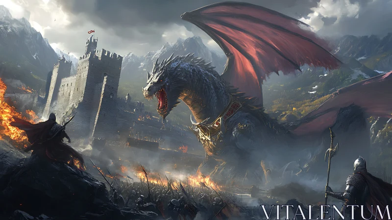 Armored dragon confronting medieval fortress and soldiers.