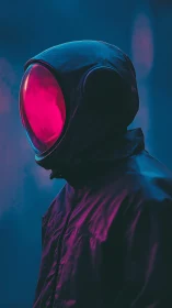 Lone astronaut silhouette in vivid magenta helmet glow.