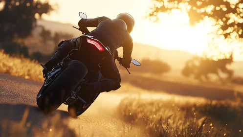Motorcyclist leaning into rural curve at golden sunset.