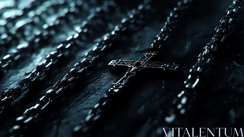 Silver crucifix resting in moody chains of shadowed light.