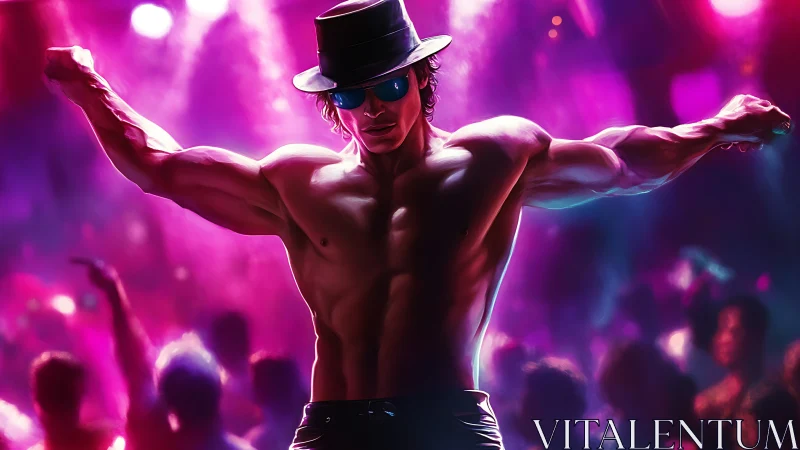 Shirtless male dancer on nightclub stage with neon lighting.