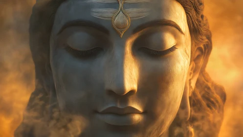 Serene stone deity face in warm golden mist close-up.
