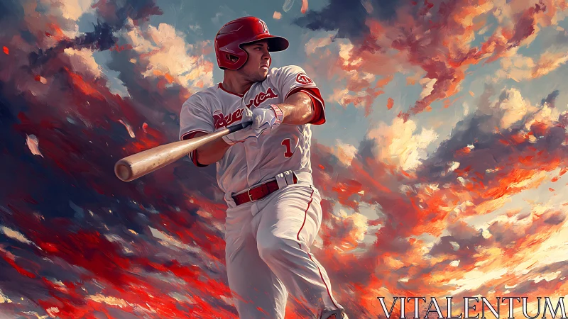 Power hitter swings under fiery impressionist sunset sky.