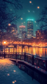 Snowy riverside walk beneath a softly glowing winter skyline.