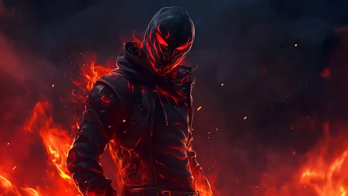 Flameborn rogue strides through embers with neon dread.