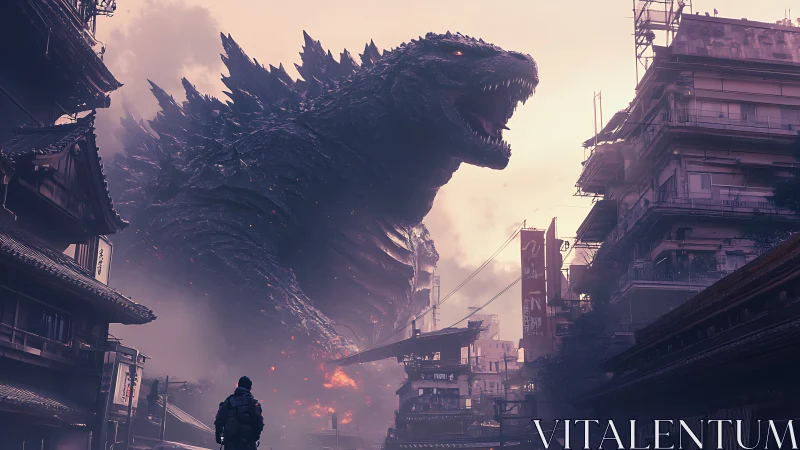 Dramatic kaiju towers over a misty city street at dawn