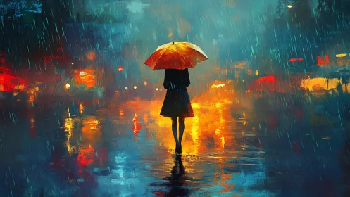 Solitary figure stands under umbrella in illuminated rainfall