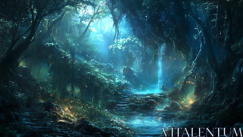 Bioluminescent Cave Sanctuary with Cascading Waterfall and Ethereal Light.