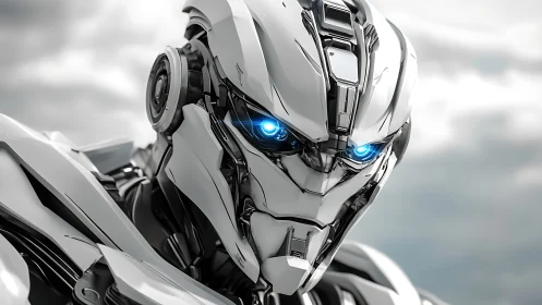 Gleaming silver robot gazes ahead with calm blue focus