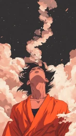 Person in orange robe looks upward amid dense rising clouds