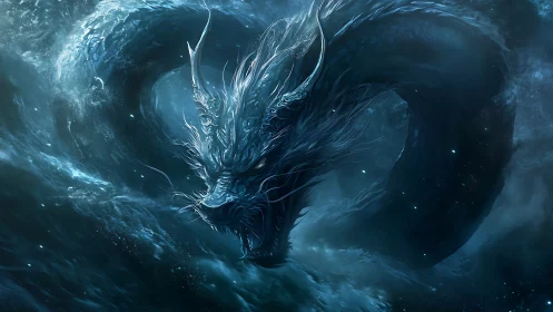 Ocean serpent dragon coils in stormy moonlit waves