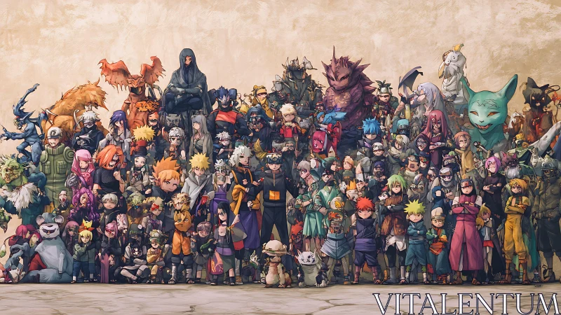 Ensemble cast of stylized ninjas and beasts in dynamic lineup.