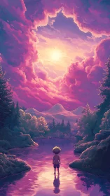 Soft sunset sky opens above a child by a glowing river