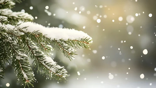 Snow covered evergreen branch in soft winter snowfall.
