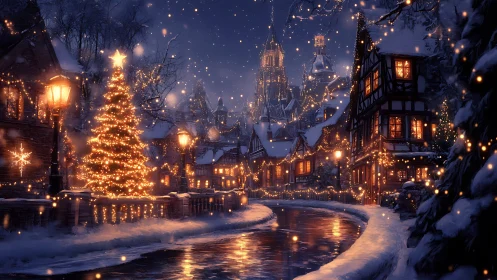 Cozy winter village glowing with magical Christmas lights.