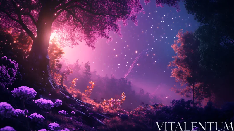 Fantasy forest glows under dense purple and pink night sky