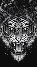 Monochrome roaring tiger illustration with swirling smoke.