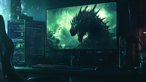 Midnight gaming desk glows with a towering digital dragon