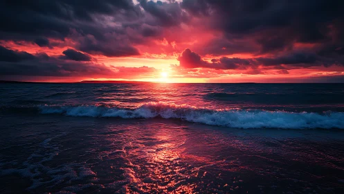 Intense red sunset over dark ocean waves and clouds.