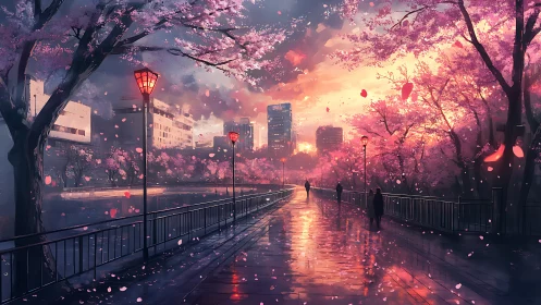 Twilight cherry blossom promenade glowing with city whispers.