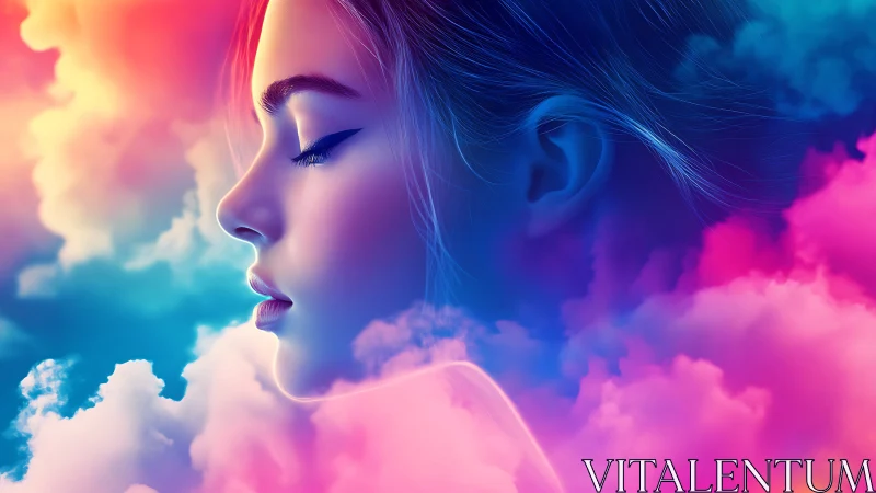 Dreamy side profile drifting through neon pastel clouds.