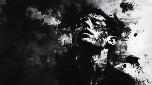 Monochrome portrait captures a man dissolving into abstract chaos