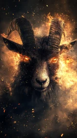 Goat head rendered in fire and smoke with glowing eyes
