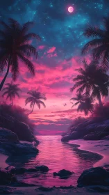 Neon-illuminated tropical cove under magenta moonlit sky renders depth