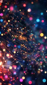 Colorful abstract strands intersect against dark blurred lights