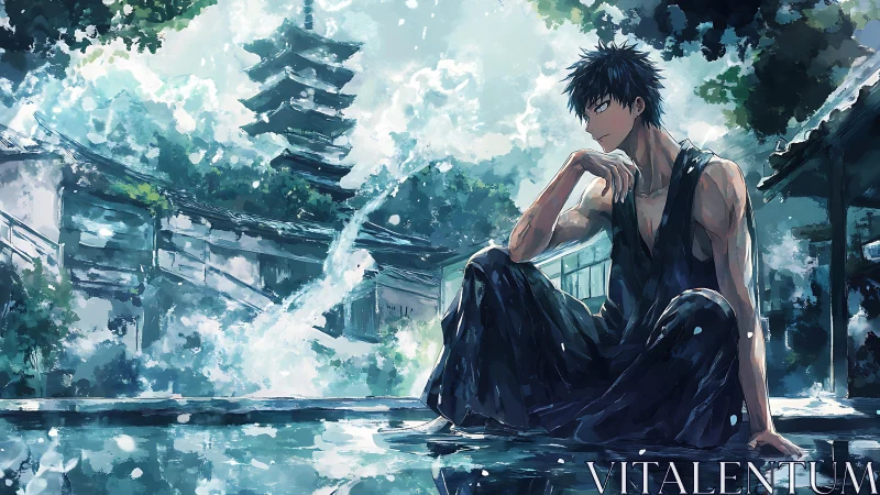 Solitary warrior seated by reflective temple pool in rain