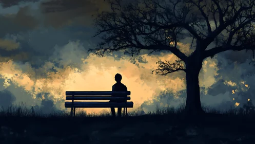 Solitary dreamer stitches twilight thoughts beneath clouds