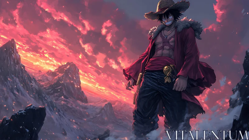 Straw‑hatted fighter on snowy ridge under blazing crimson sky