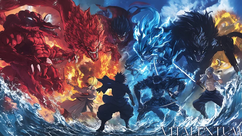 Elemental duelants confronting colossal bestial avatars.