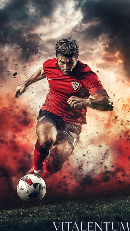 Soccer player sprints with ball through dramatic smoke field