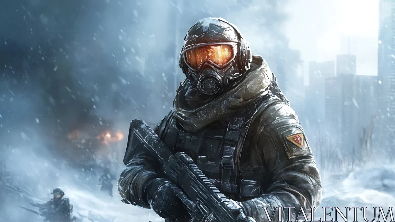 Brave winter survivor stands strong in a frozen urban storm.