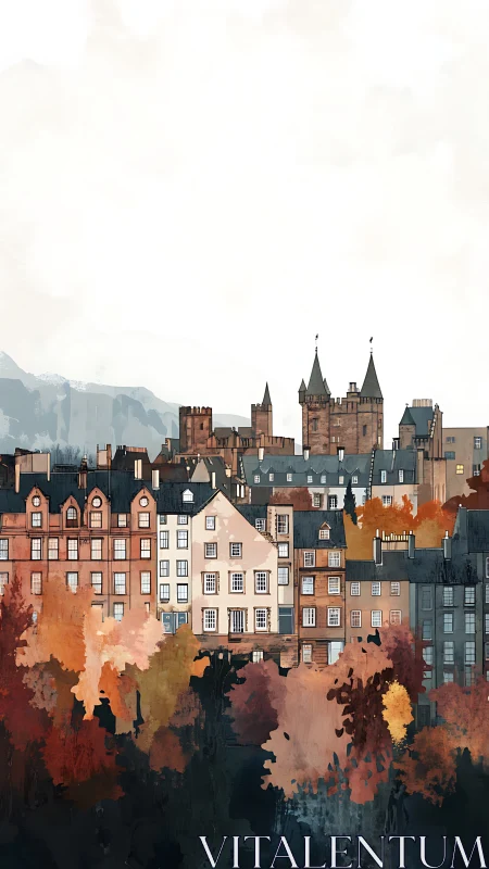 Dense hillside townscape with castle and autumn trees.