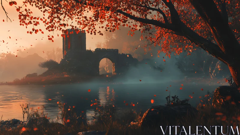 Autumn ruins breathe over misty lake of ember leaves.