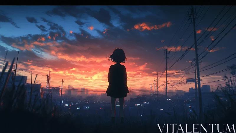 Backlit urban silhouette against dynamically banded sunset sky.